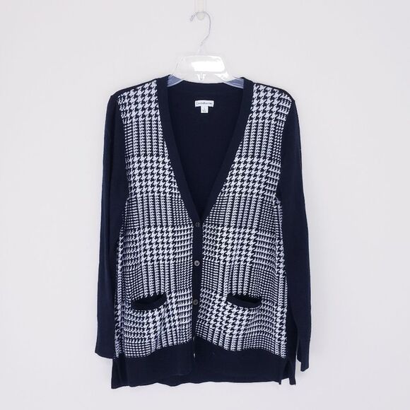 Croft & Barrow Black White Houndstooth Cardigan V Neck Sweater Size Large - Picture 3 of 6